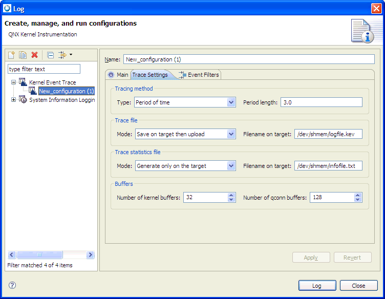 Log Configuration dialog